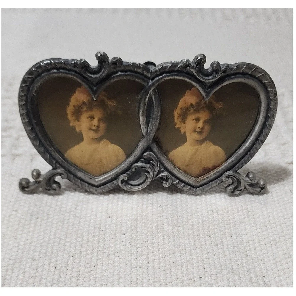 Vintage Double Heart Miniature Picture Frame Pewter Tone Ornate Victorian Style